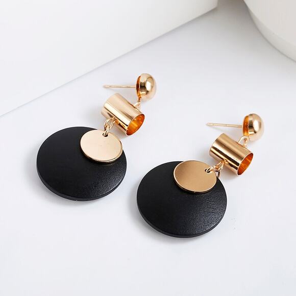 Danica Gold Geometric Black Disk Drop Earrings - Picture 1 of 3